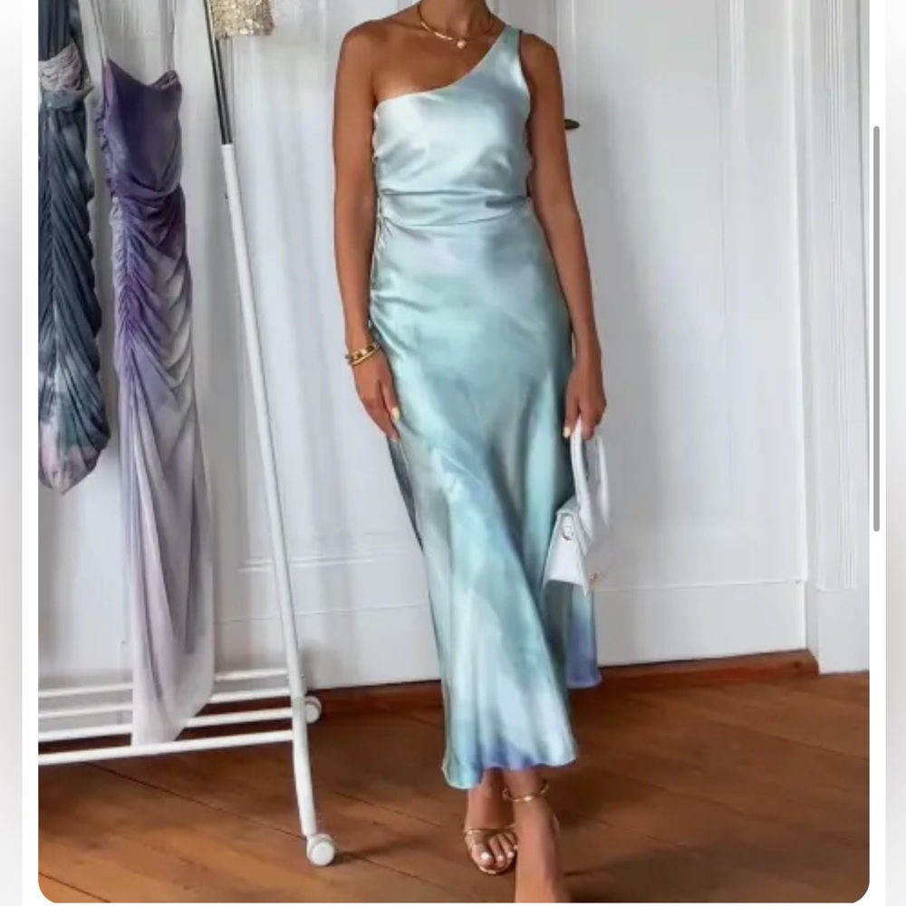 Zara Draped Satin Blue Green Ocean Tie Dye Asymmetrical Dress Size U.S. L